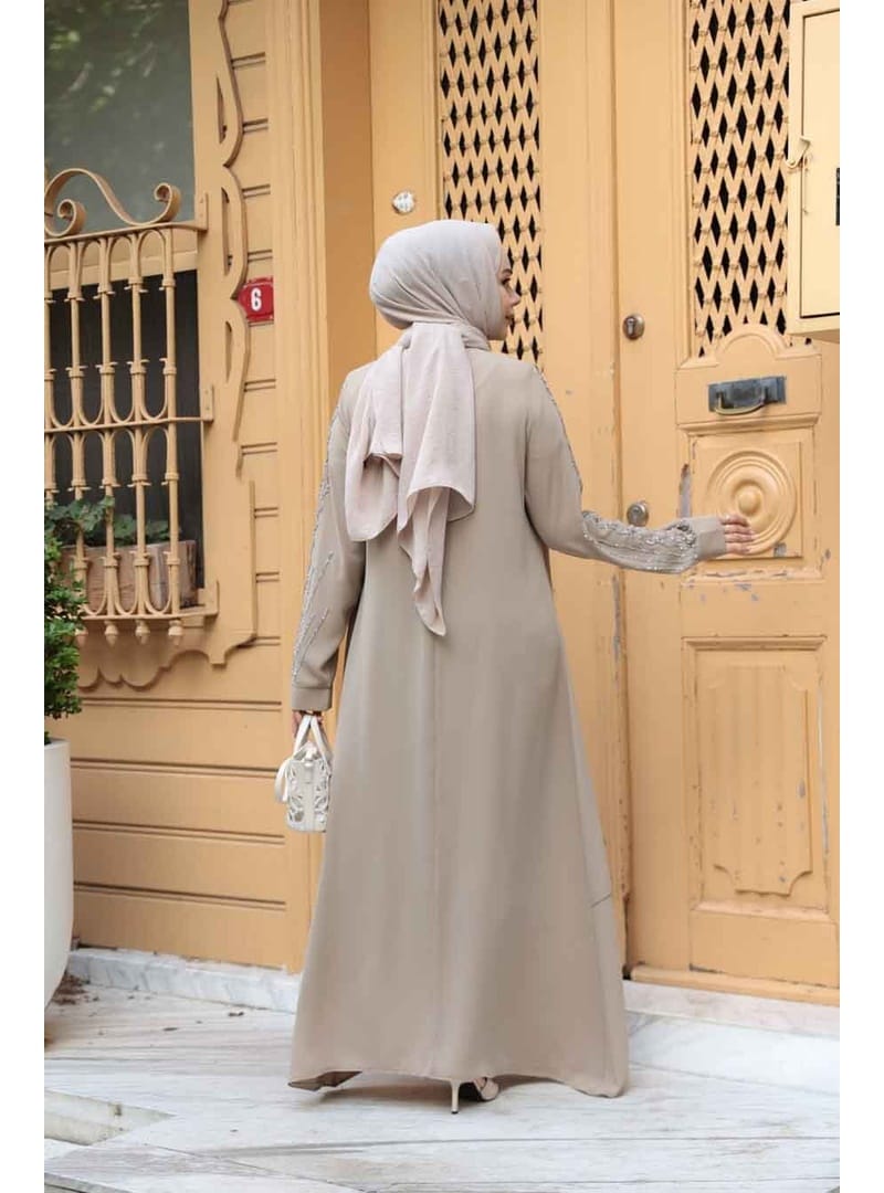 Boncuk İşlemeli Bej Tesettür Abaya 29131BEJ - Resim 4