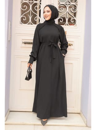 Kemerli Siyah Tesettür Elbise 33014S