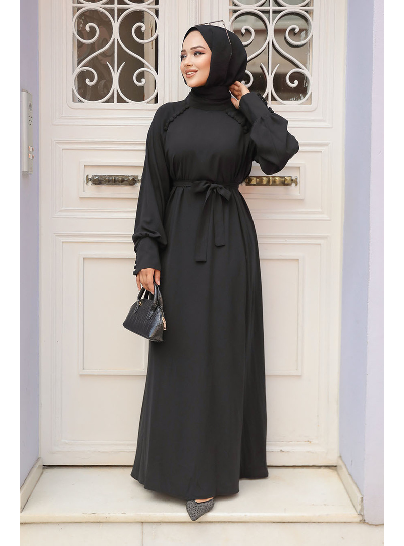 Kemerli Siyah Tesettür Elbise 33014S - Resim 2