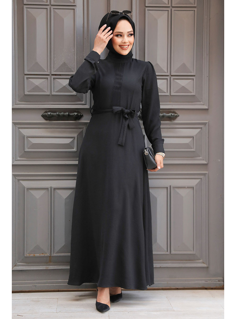 Kemerli Siyah Tesettür Elbise 6621S - Resim 2