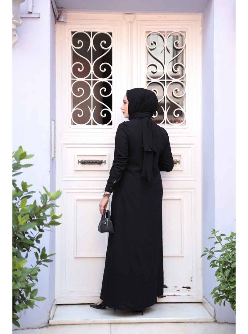 Düğme Detaylı Siyah Tesettür Elbise 7224S - Resim 4