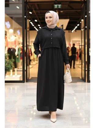 Süveter Detaylı Siyah Tesettür Elbise 7253S