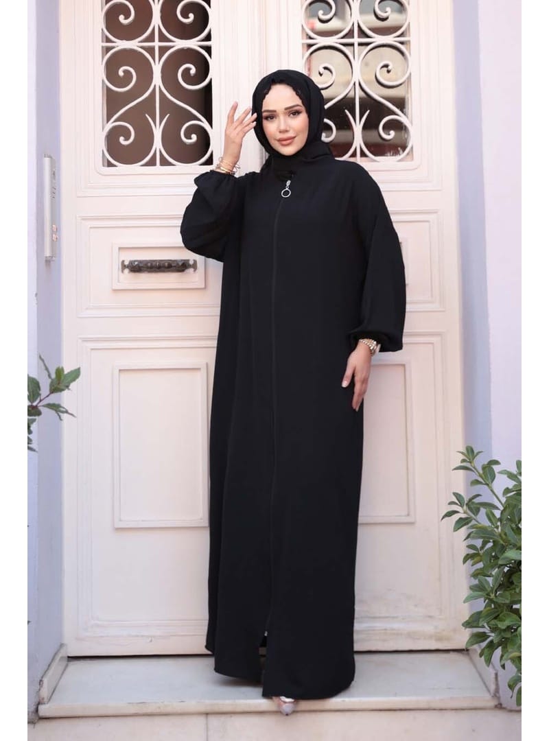 Fermuarlı Siyah Tesettür Namaz Elbisesi 73271S - Resim 2