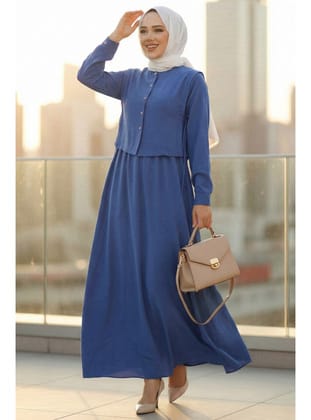 Süveter Detaylı İndigo Mavisi Tesettür Elbise 7705IM