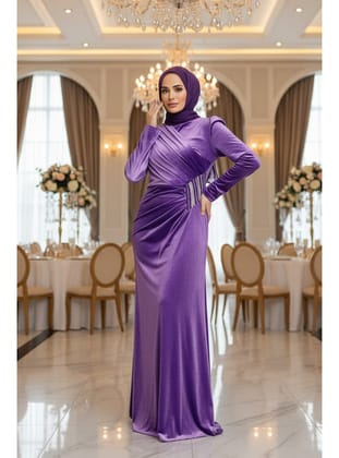 - Drape Detaylı Koyu Lila Tesettür Kadife Elbise 36891KLILA