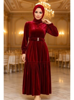 - Kemerli Bordo Tesettür Kadife Elbise 36971BR