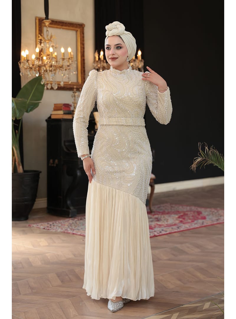 Boncuk İşlemeli Krem  51621KR - Resim 3