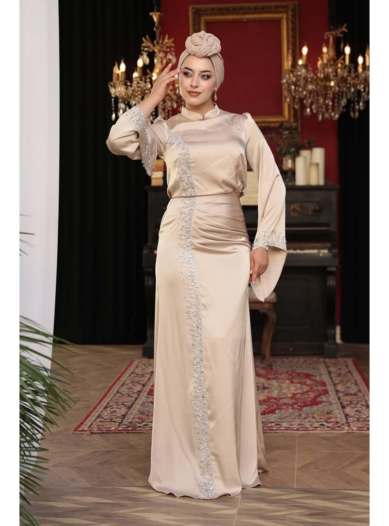 Boncuk Detaylı Bej Tesettür Saten Abiye Elbise 53361BEJ - Resim 2
