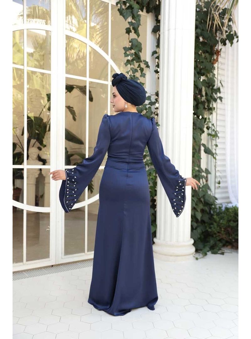 Taş İşlemeli Lacivert Tesettür Saten Abiye Elbise 5337L - Resim 3