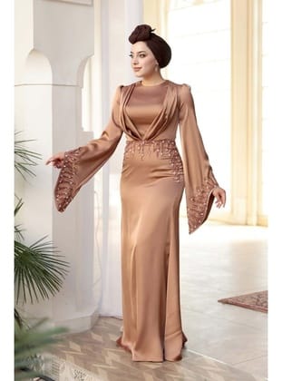 Taş İşlemeli Camel Tesettür Saten Abiye Elbise 5337C