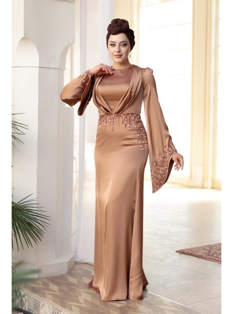Taş İşlemeli Camel Tesettür Saten Abiye Elbise 5337C - Resim 2