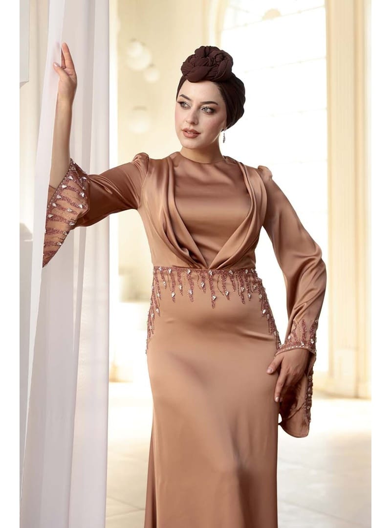 Taş İşlemeli Camel Tesettür Saten Abiye Elbise 5337C - Resim 3