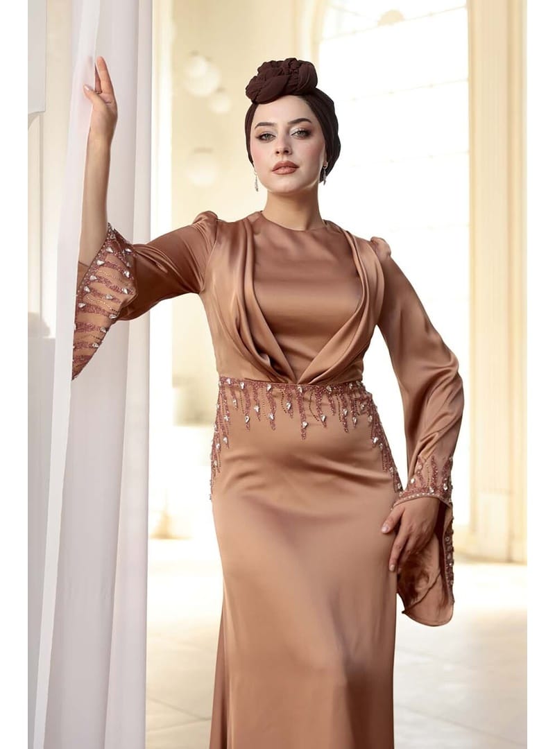 Taş İşlemeli Camel Tesettür Saten Abiye Elbise 5337C - Resim 4