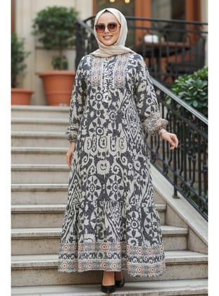 Desenli Siyah Tesettür Elbise 18232S