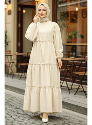 - Kat Piliseli Krem Tesettür Poplin Elbise 57342KR