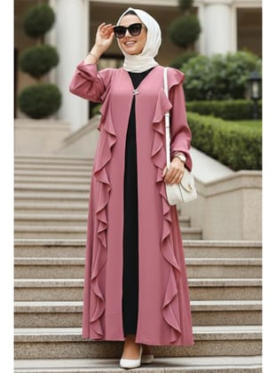 - Fırfır Detaylı Gül Kurusu Tesettür Abaya 15402GK
