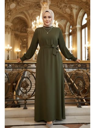 Kolları Pileli Haki Tesettür Elbise 10124HK