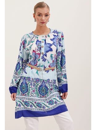 5902 Kemerli Desenli Elbise - Saks SAKS