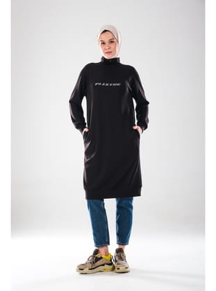 2290_Kadın Tesettür Spor Tunik Elbise - Reflektör Baskılı, Dik Yakalı Fermuarlı, Cepli, Yumuşak Doku