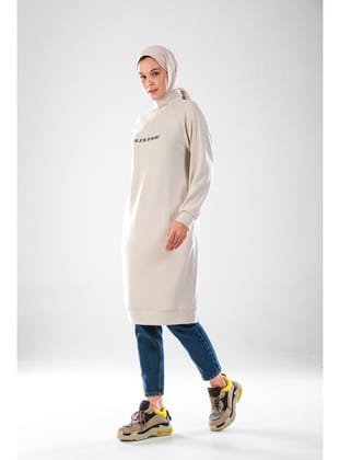 2290_Kadın Tesettür Spor Tunik Elbise - Reflektör Baskılı, Dik Yakalı Fermuarlı, Cepli, Yumuşak Doku