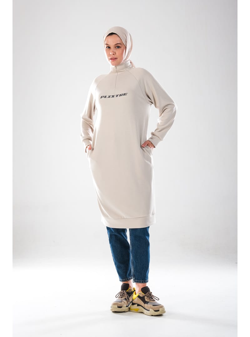 2290_Kadın Tesettür Spor Tunik Elbise - Reflektör Baskılı, Dik Yakalı Fermuarlı, Cepli, Yumuşak Doku - Resim 2