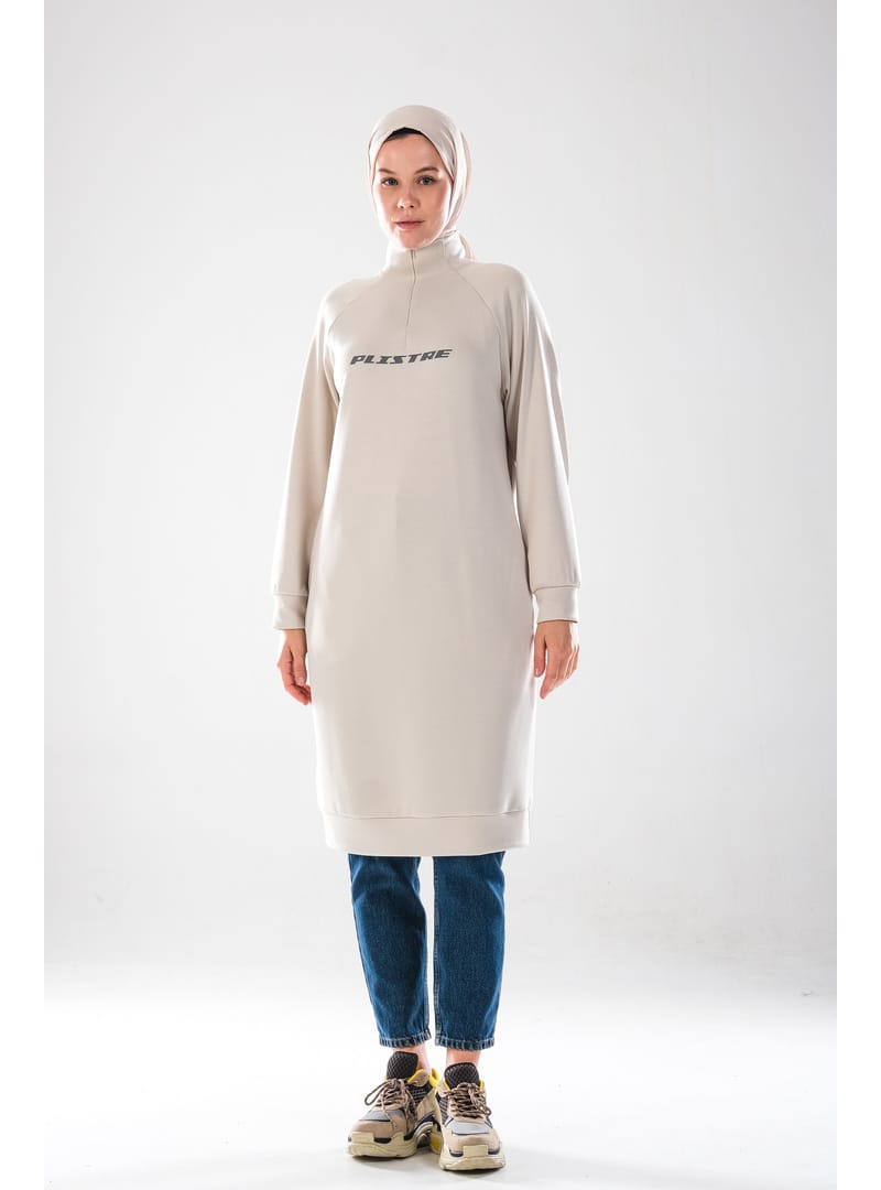 2290_Kadın Tesettür Spor Tunik Elbise - Reflektör Baskılı, Dik Yakalı Fermuarlı, Cepli, Yumuşak Doku - Resim 4