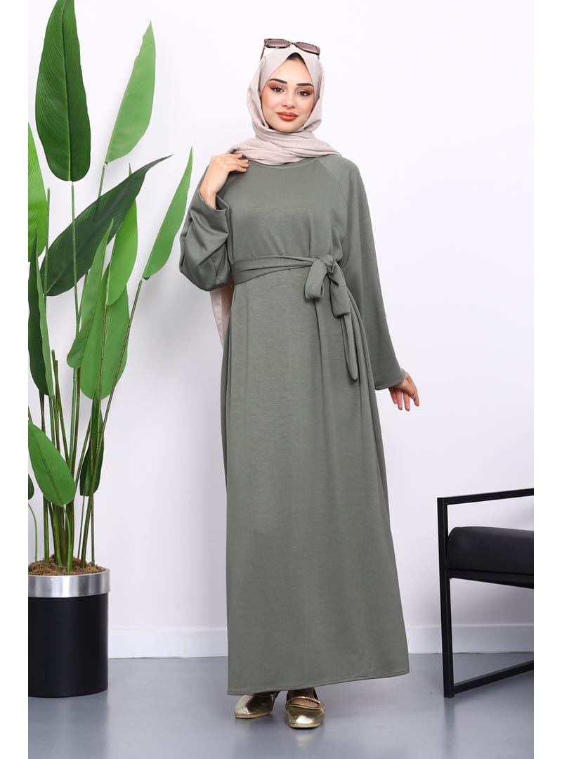 Haki Kolu Armalı Reglan Kol Basic Modal Kuşaklı Elbise - Resim 2