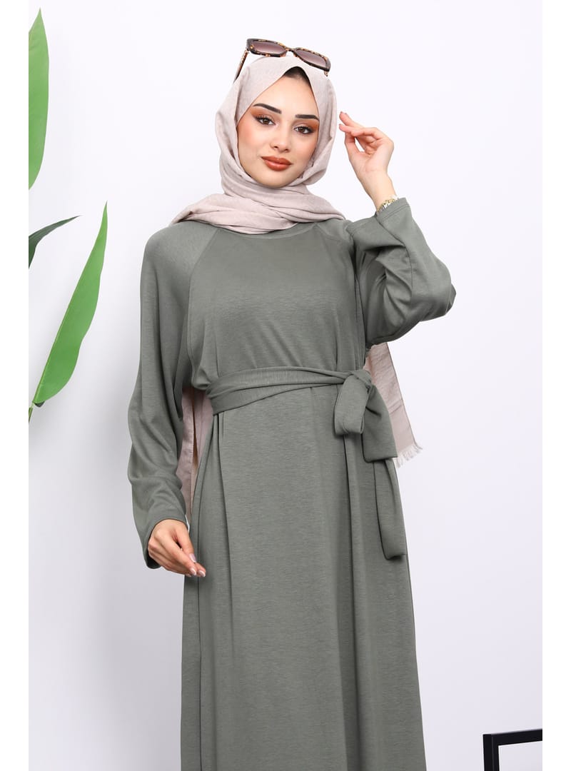 Haki Kolu Armalı Reglan Kol Basic Modal Kuşaklı Elbise - Resim 3