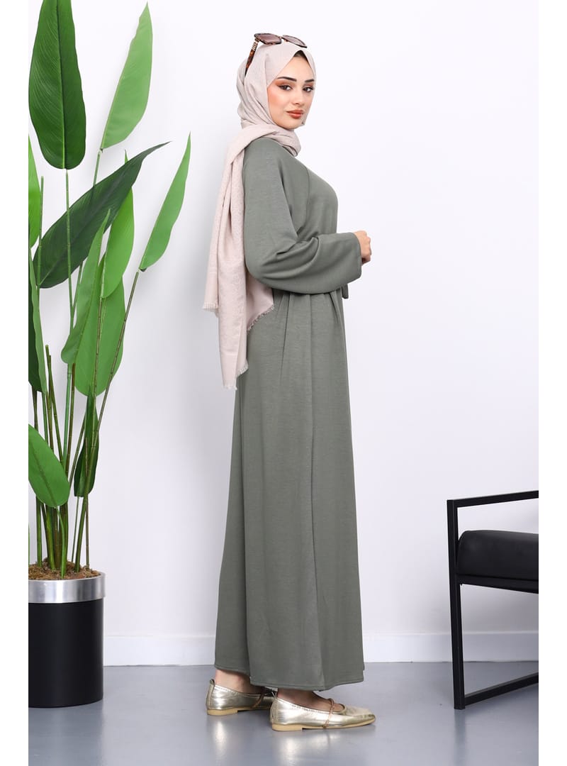 Haki Kolu Armalı Reglan Kol Basic Modal Kuşaklı Elbise - Resim 4