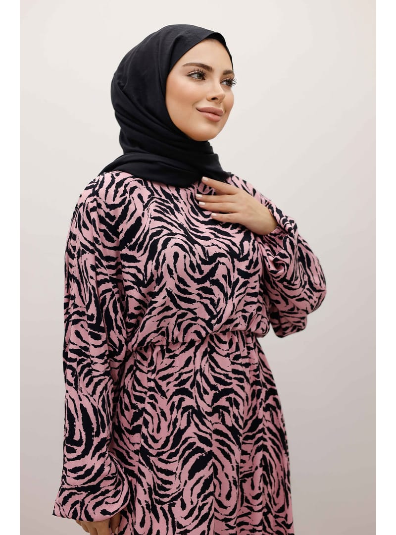 Beli Lastikli Yarasa Kol Viskon Elbise TSD250235 Pembe - Resim 2