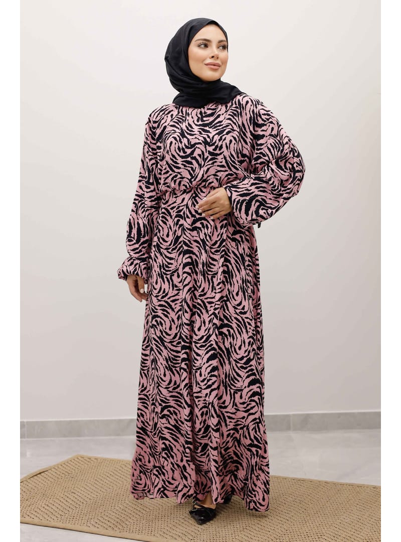 Beli Lastikli Yarasa Kol Viskon Elbise TSD250235 Pembe - Resim 3