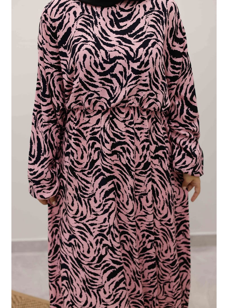 Beli Lastikli Yarasa Kol Viskon Elbise TSD250235 Pembe - Resim 4