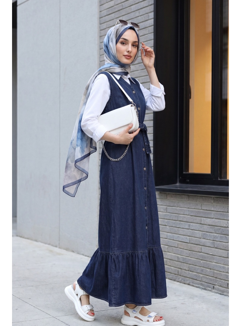 Beli Bağlamalı Önü Düğmeli Cepli Kot Jile   -Lacivert - Resim 2