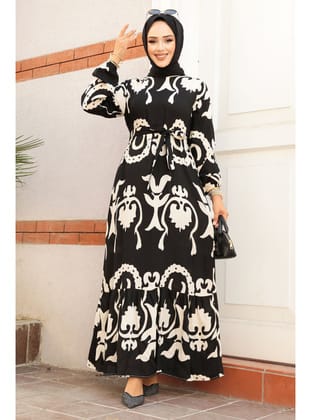 Desenli Siyah Tesettür Elbise 23433S