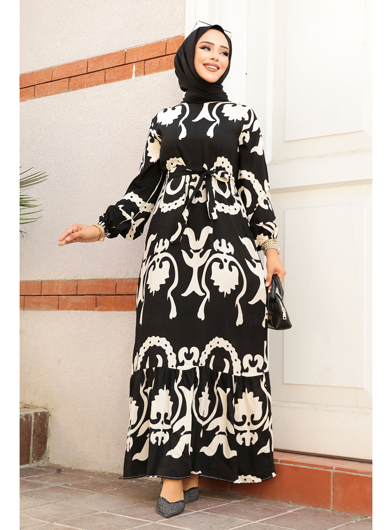 Desenli Siyah Tesettür Elbise 23433S - Resim 2