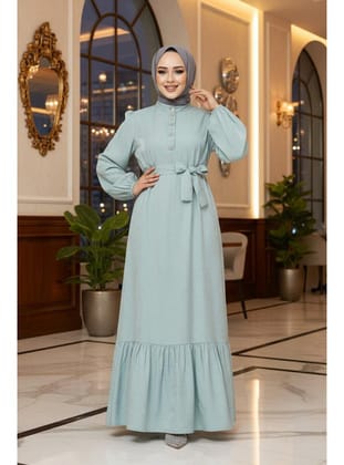 Taş Detaylı Mint Tesettür Jakar Elbise 23891MINT