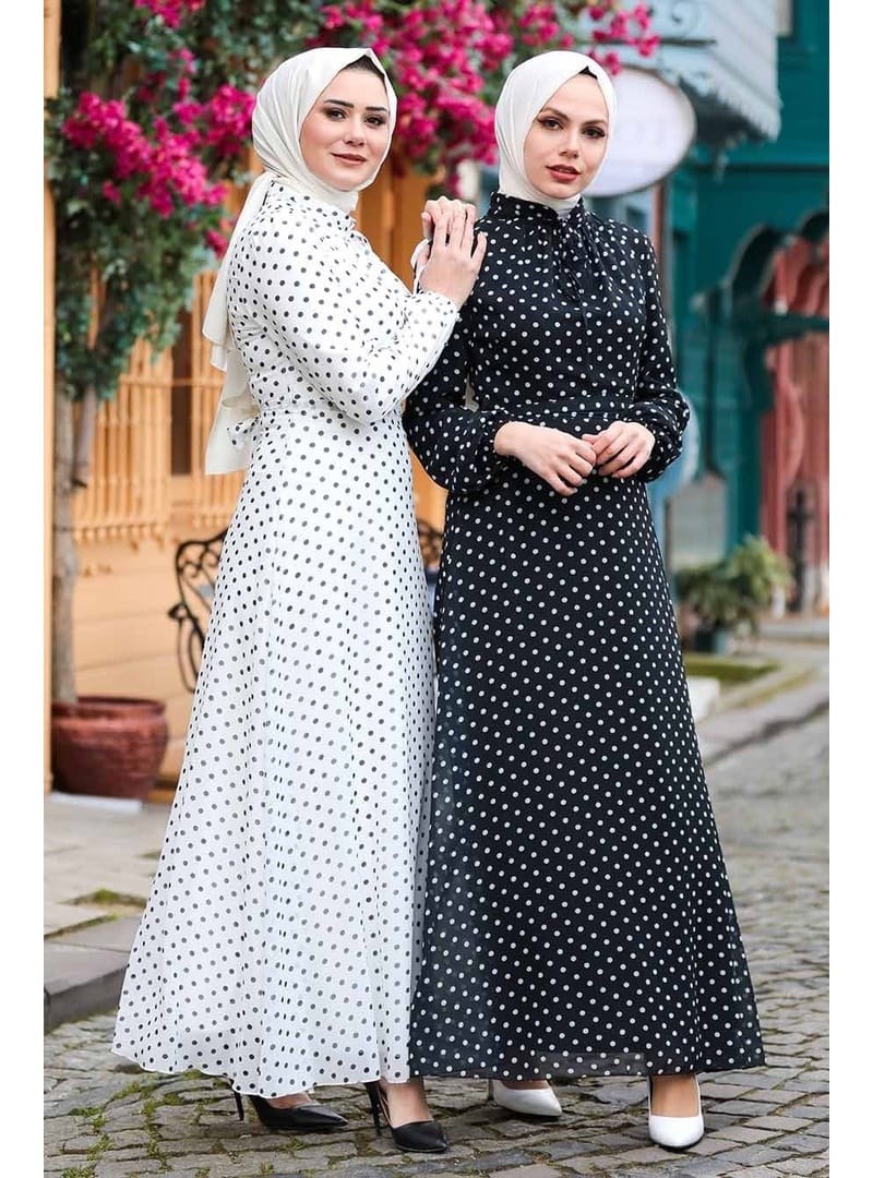 - Puantiyeli Siyah Tesettür Elbise 27909S - Resim 2
