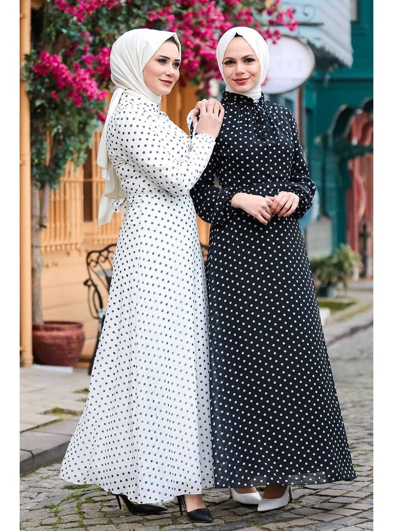 - Puantiyeli Siyah Tesettür Elbise 27909S - Resim 3