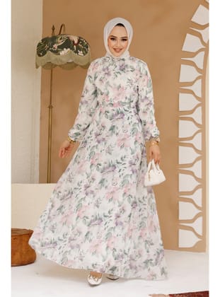 Çiçek Desenli Beyaz Tesettür Elbise 27980B