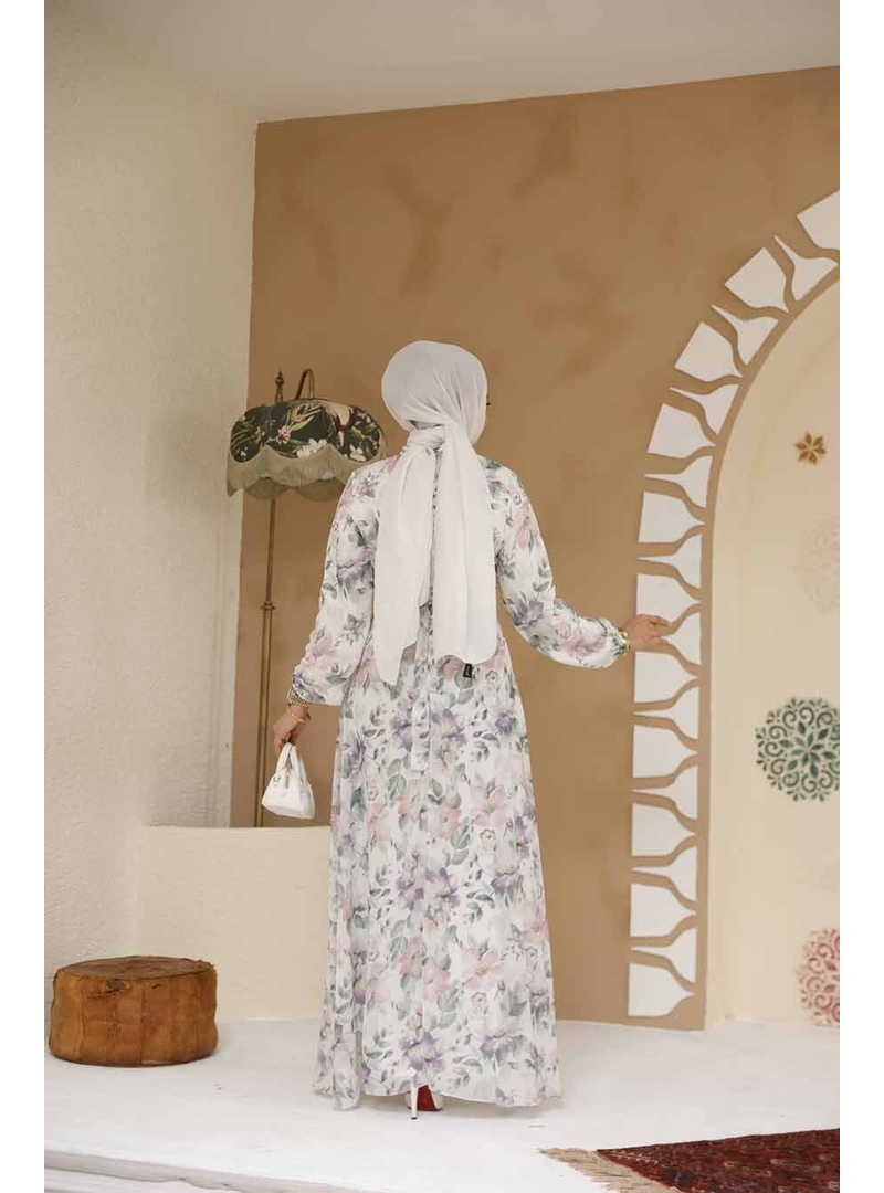 Çiçek Desenli Beyaz Tesettür Elbise 27980B - Resim 4