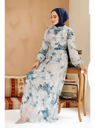 Çiçek Desenli Taş Tesettür Elbise 27961TAS