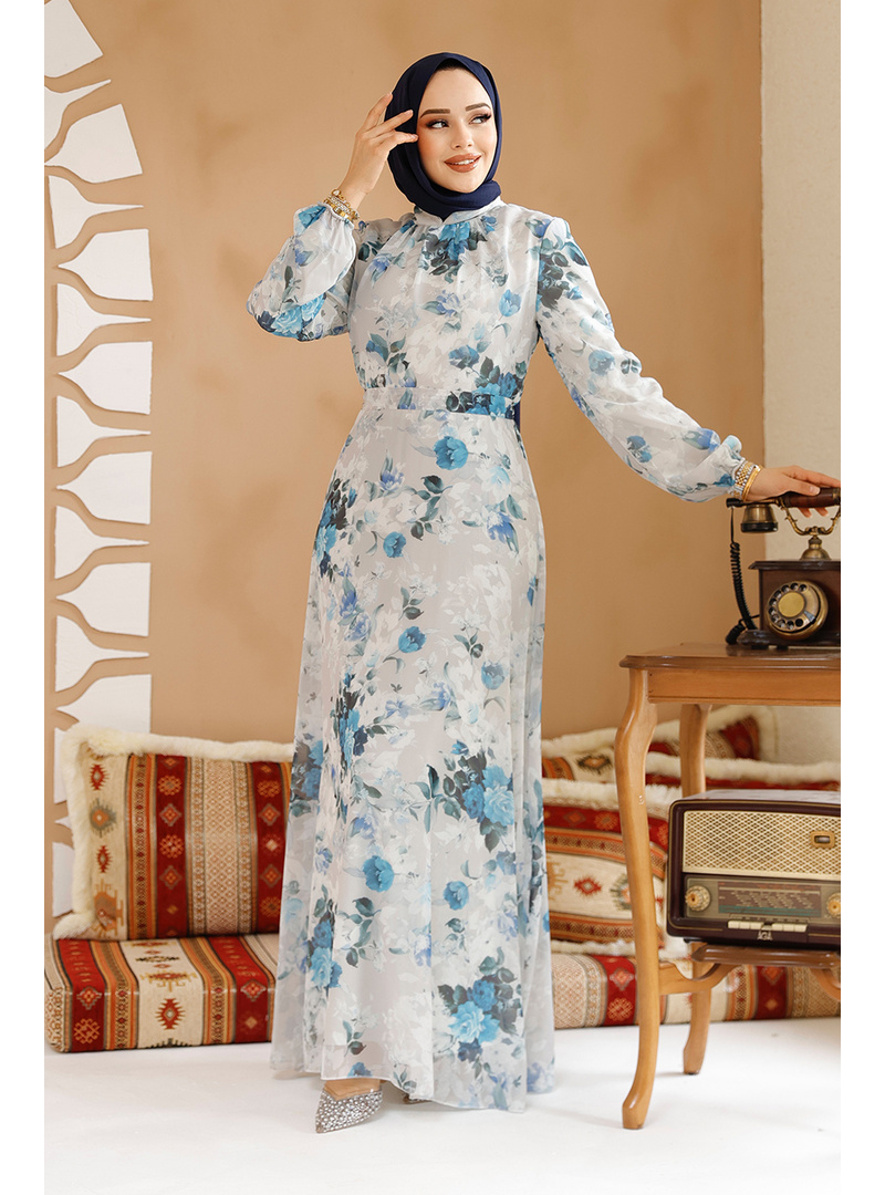 Çiçek Desenli Taş Tesettür Elbise 27961TAS - Resim 2
