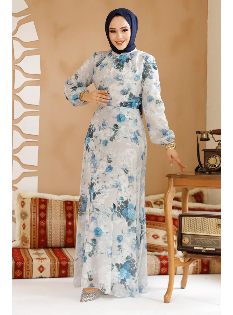 Çiçek Desenli Taş Tesettür Elbise 27961TAS - Resim 3