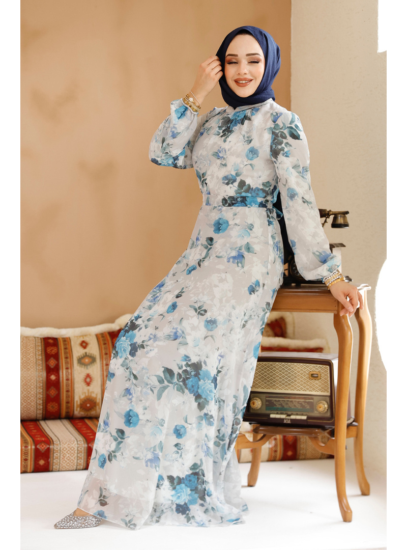 Çiçek Desenli Taş Tesettür Elbise 27961TAS - Resim 4
