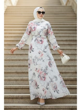 Çiçek Desenli Bej Tesettür Elbise 27986BGR