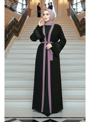 - Kemerli Koyu Gül Kurusu Tesettür Abaya 55440KGK