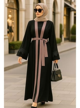- Kemerli Açık Gül Kurusu Tesettür Abaya 55440AGK