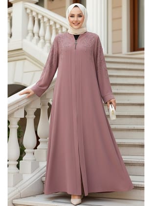 Boncuk İşlemeli Açık Gül Kurusu Tesettür Abaya 29110AGK