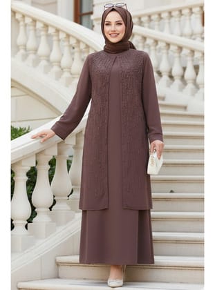 Boncuk İşlemeli Çikolata Tesettür Abaya 29119CK