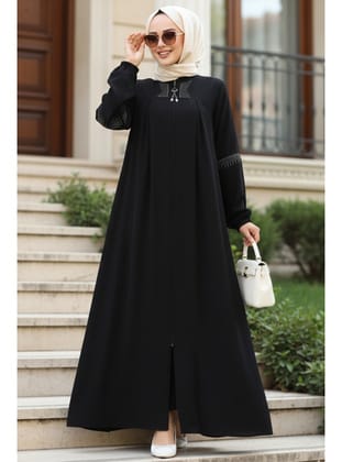 Fermuarlı Siyah Tesettür Abaya 45299S